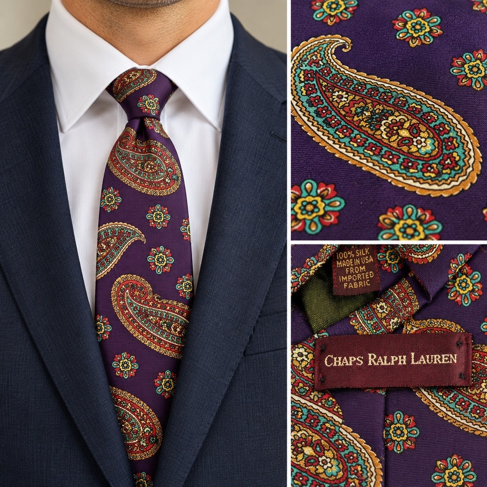 Chaps Ralph Lauren Mens Purple Paisley Silk Tie Made in USA Floral Necktie